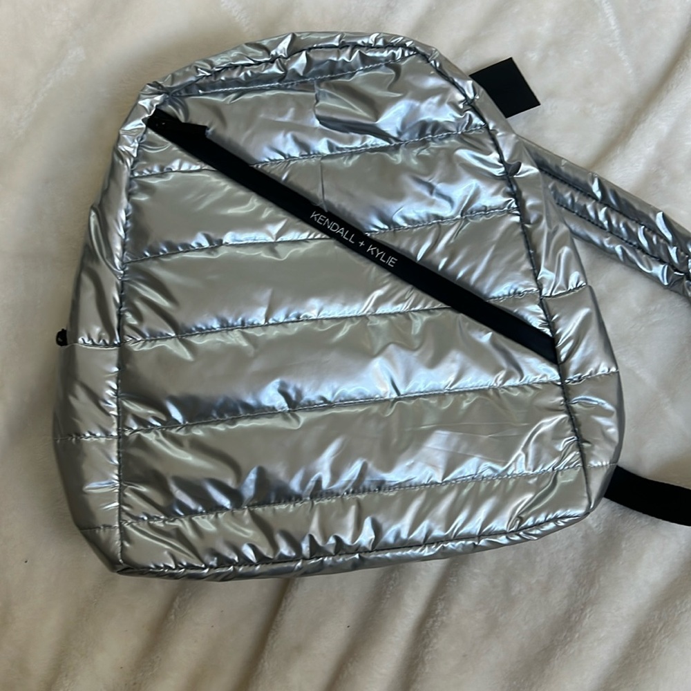 Kendall + Kylie silver metallic backpack. Kardashian inspired.